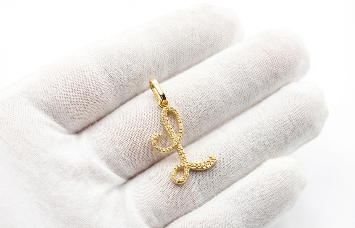 Gold letter 'L' pendant on a white fabric background