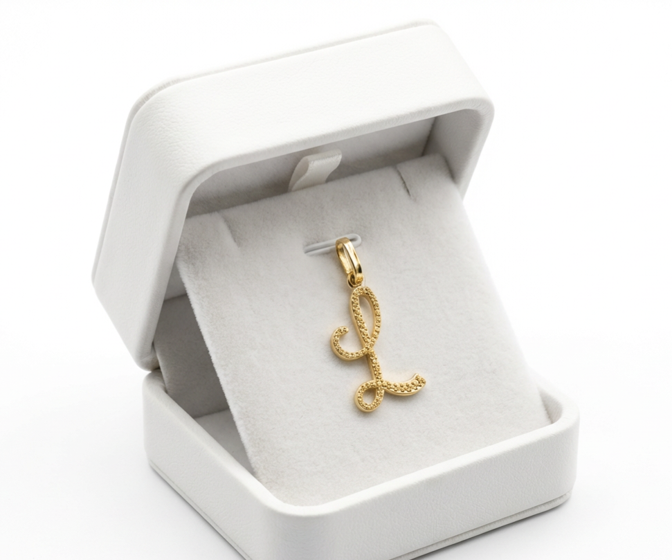 Gold letter 'L' pendant in a white jewelry box