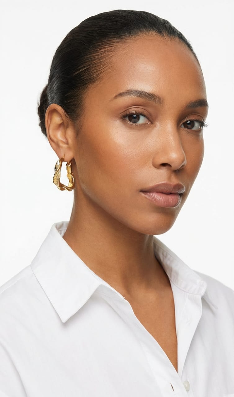 Woman wearing gold hoop earrings with a white shirt