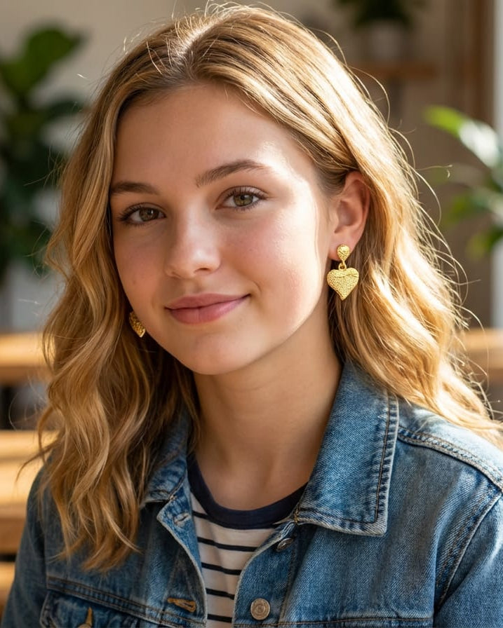 Woman wearing heart-shaped earrings in a casual setting with plants and tables.