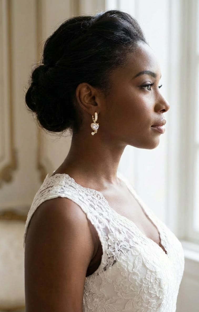 Woman wearing a white lace dress and a gold-plated hoop earrings.