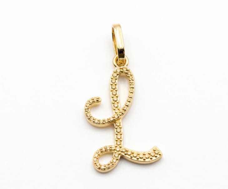 Gold pendant shaped like the letter 'L' on a white background