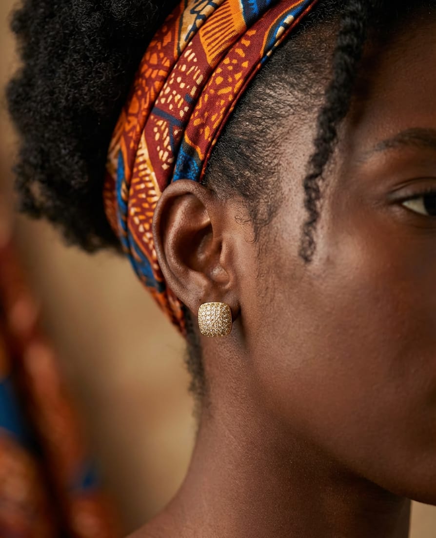 Close-up of a person wearing an ornate headwrap and gold-plated earring.