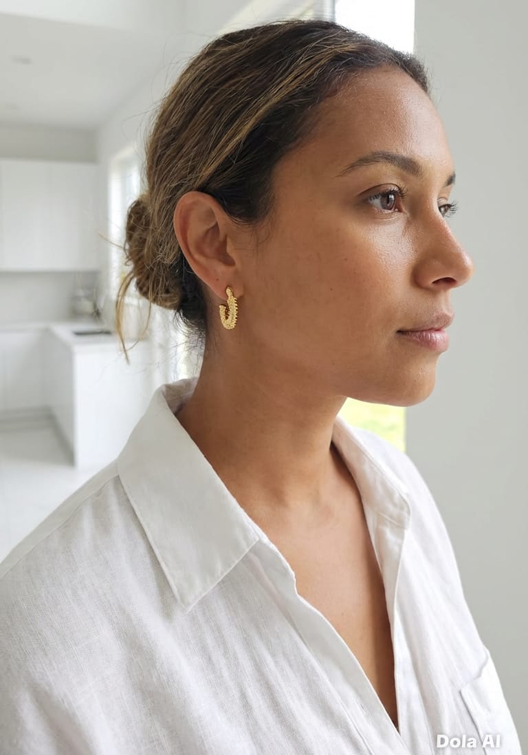 Woman wearing gold hoop earrings in a minimalistic setting